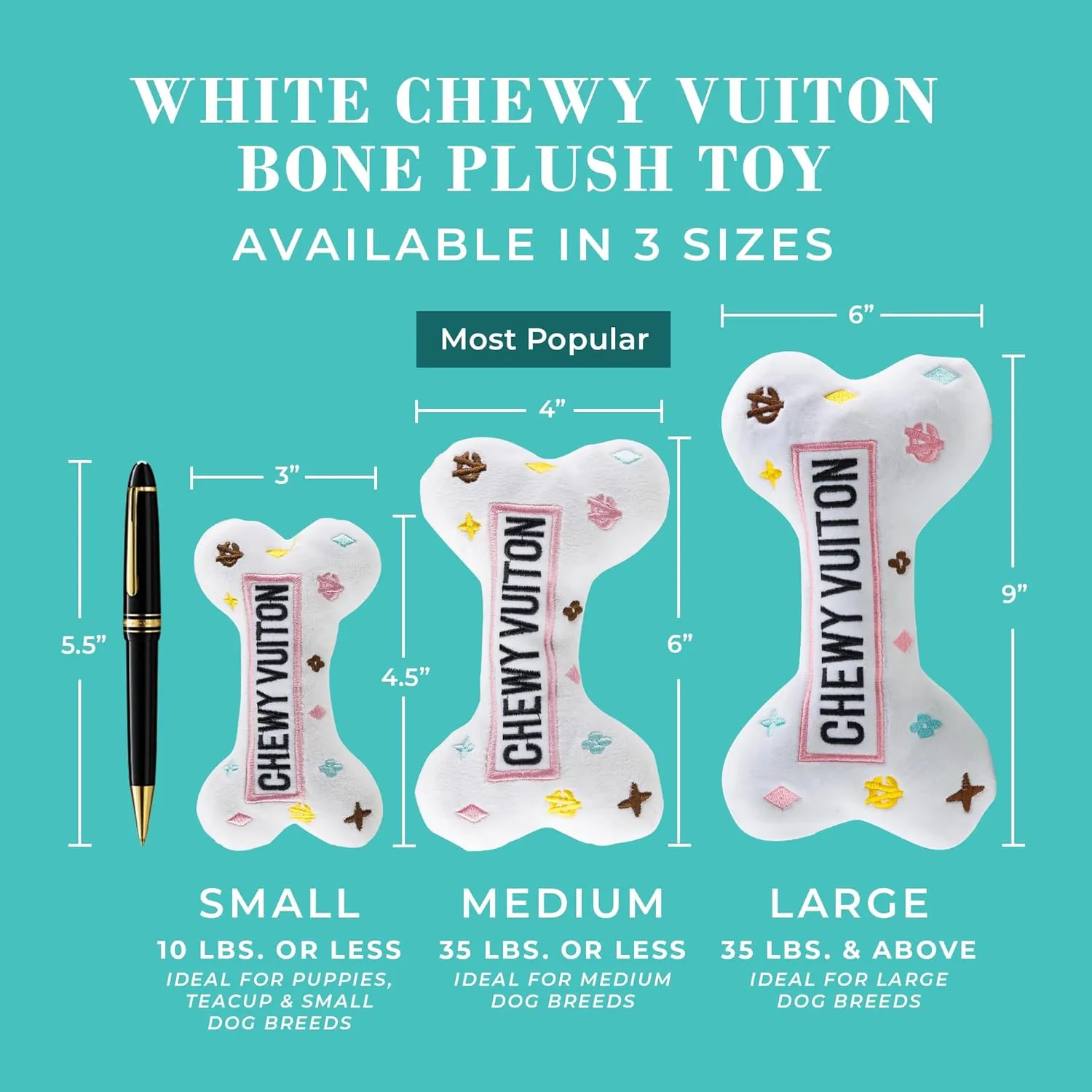 Haute Diggity Dog White Chewy Vuiton Bone, Plush Designer Dog Toys with Interactive Squeaker, Stimulating Pet Enrichment, Machine-Washable & Safe Materials for All Breeds, Size Small