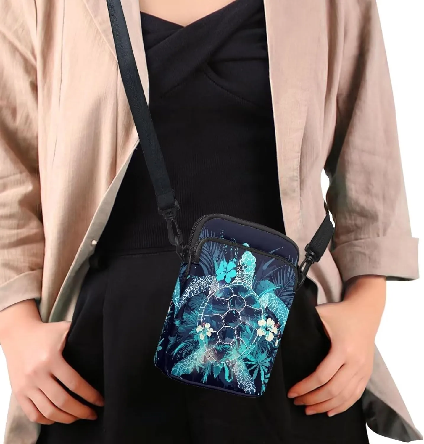 Hawaiian Tribal Small Crossbody Bags for Women Cell Phone Bag Purse, Sea Turtle Zipper Sling Purses Shoulder Bag