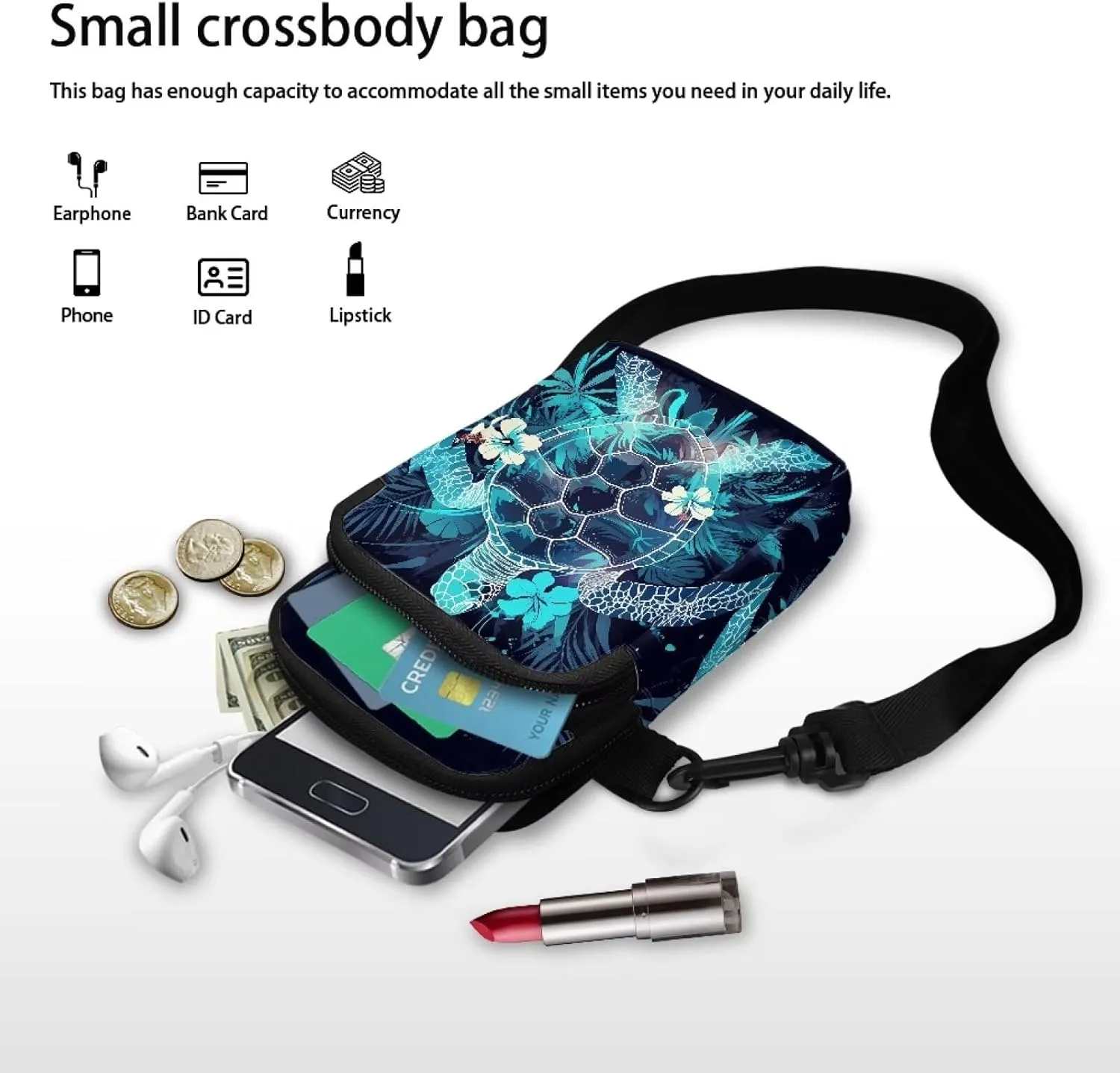 Hawaiian Tribal Small Crossbody Bags for Women Cell Phone Bag Purse, Sea Turtle Zipper Sling Purses Shoulder Bag