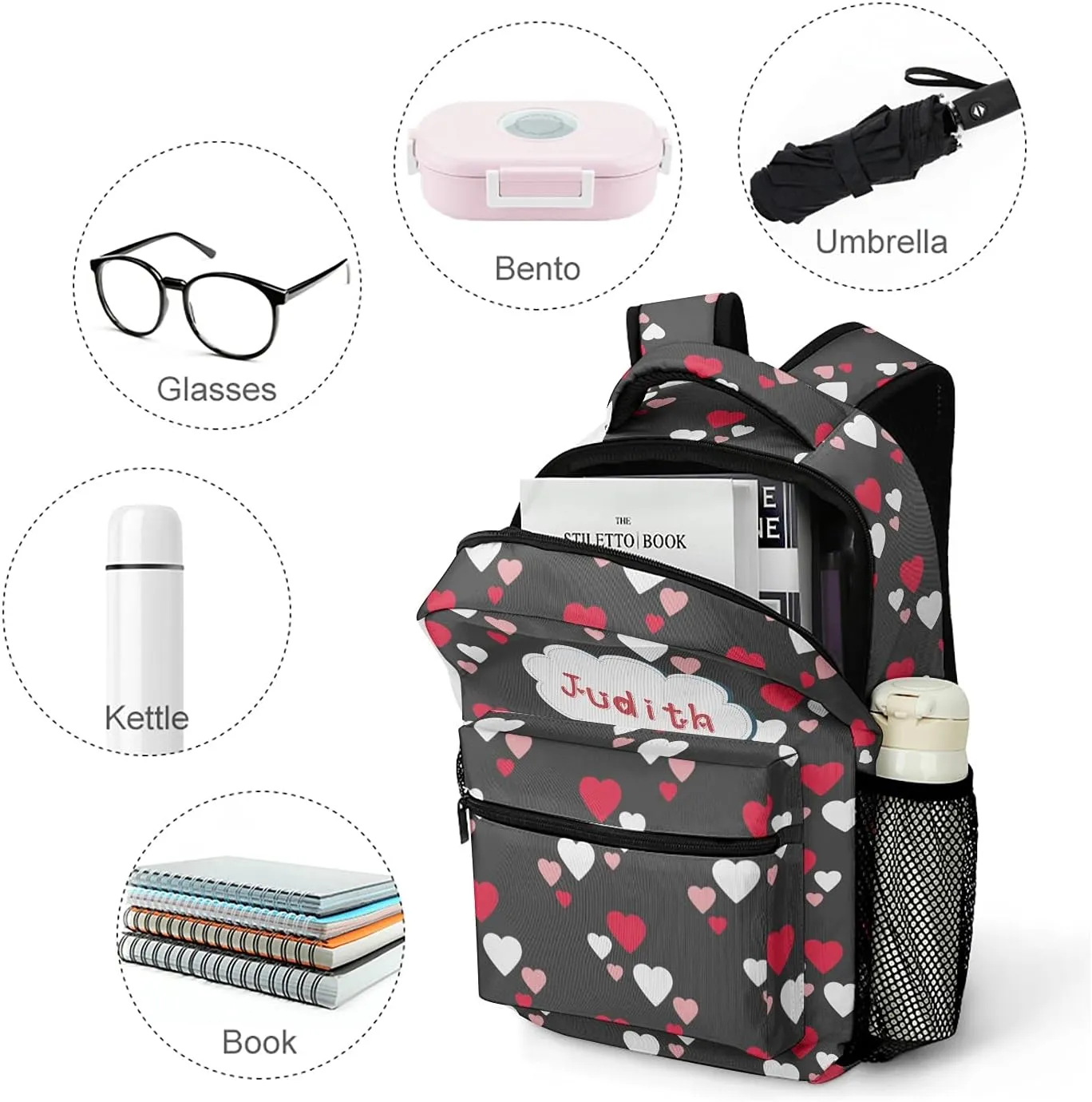Hearts Pattern Custom Kids Backpack, Personalized Student School Bags for Boys & Girls, Bookbags with Adjustable Strapfor Travel