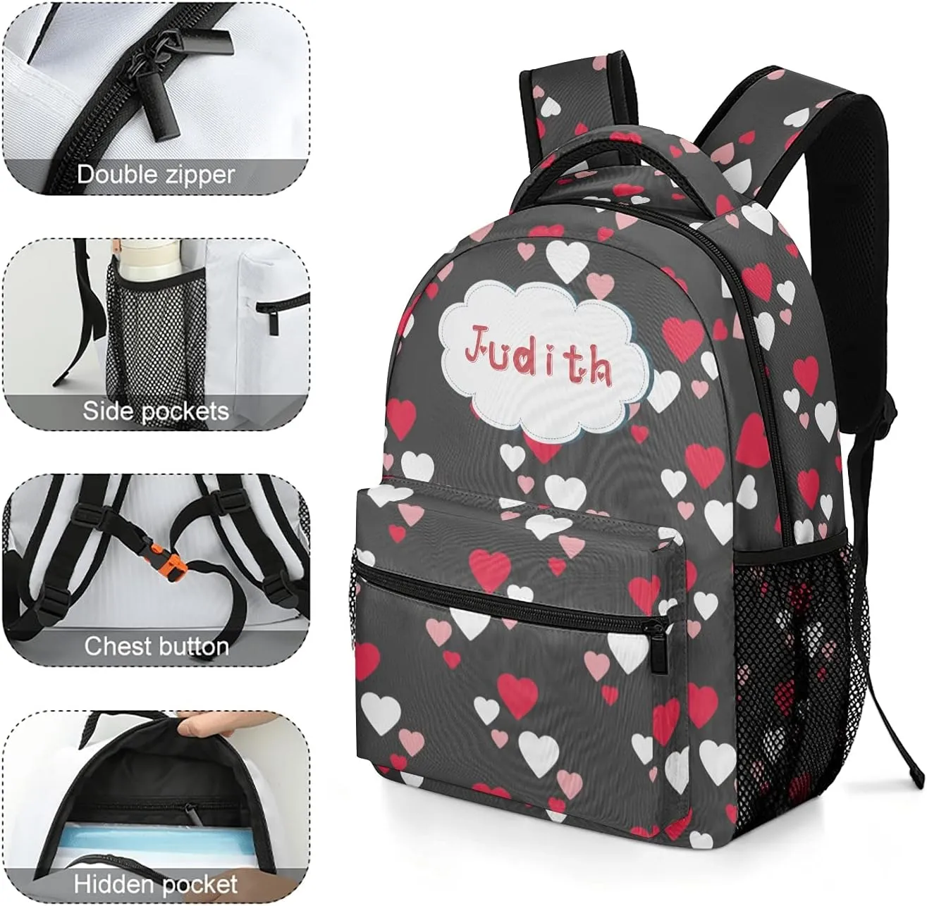 Hearts Pattern Custom Kids Backpack, Personalized Student School Bags for Boys & Girls, Bookbags with Adjustable Strapfor Travel
