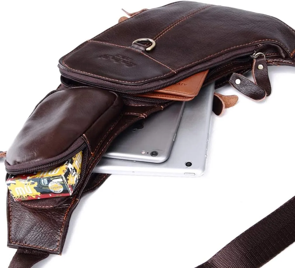 Hebetag Leather Sling Bag Crossbody Backpack for Men Women Travel Outdoor Camping