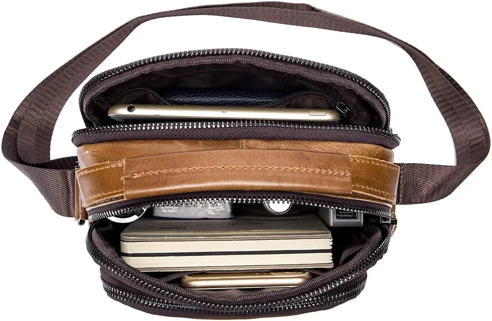 Hebetag Small Leather Shoulder Bag Crossbody Pack for Men Outdoor Travel Business