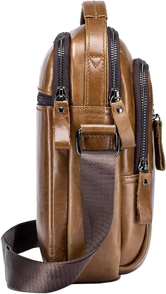 Hebetag Small Leather Shoulder Bag Crossbody Pack for Men Outdoor Travel Business