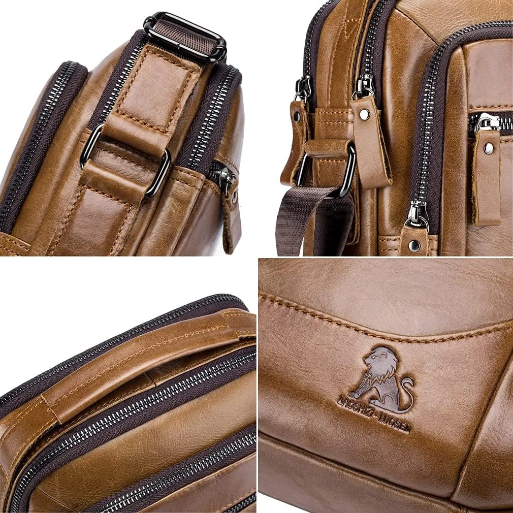 Hebetag Small Leather Shoulder Bag Crossbody Pack for Men Outdoor Travel Business