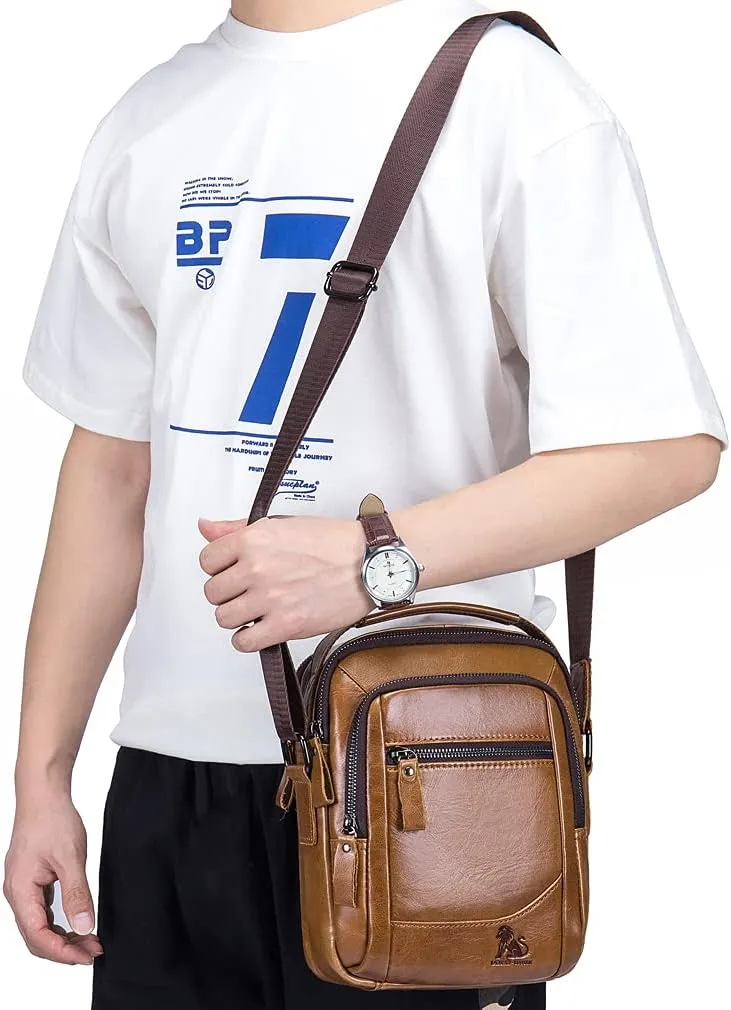 Hebetag Small Leather Shoulder Bag Crossbody Pack for Men Outdoor Travel Business