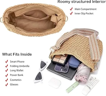 Herald Small Handmade Straw Pocketbook Crossbody Bag for Women, Summer Chic Woven Handbag Shoulder Purse with Chain
