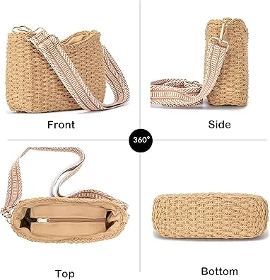 Herald Small Handmade Straw Pocketbook Crossbody Bag for Women, Summer Chic Woven Handbag Shoulder Purse with Chain