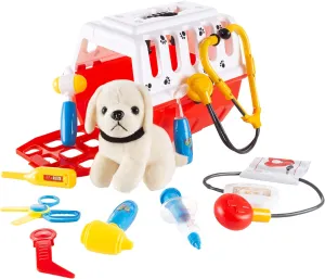 Hey! Play! Kids Veterinary Set-11 Piece Complete Toy Set-Pretend Play Set with Animal Medical Supplies, Plush Dog, and Carrier for Boys and Girls