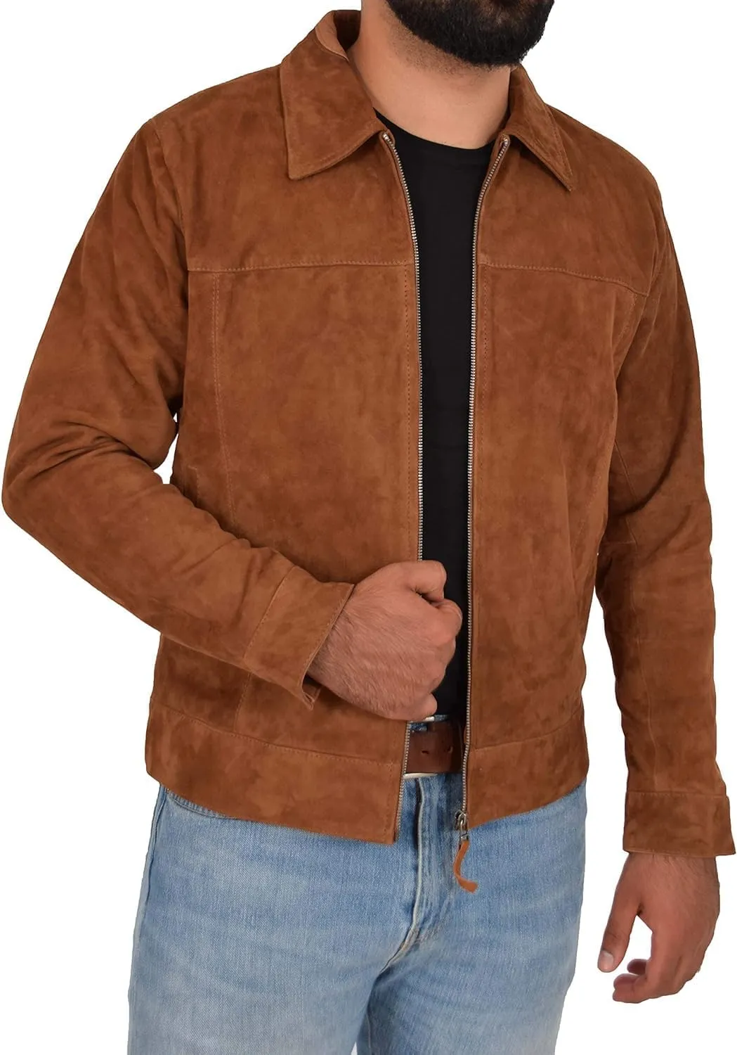 HIDE & SEEK Men’s Classic Shirt Collar Design Timeless Elegance Style Suede Leather Jacket
