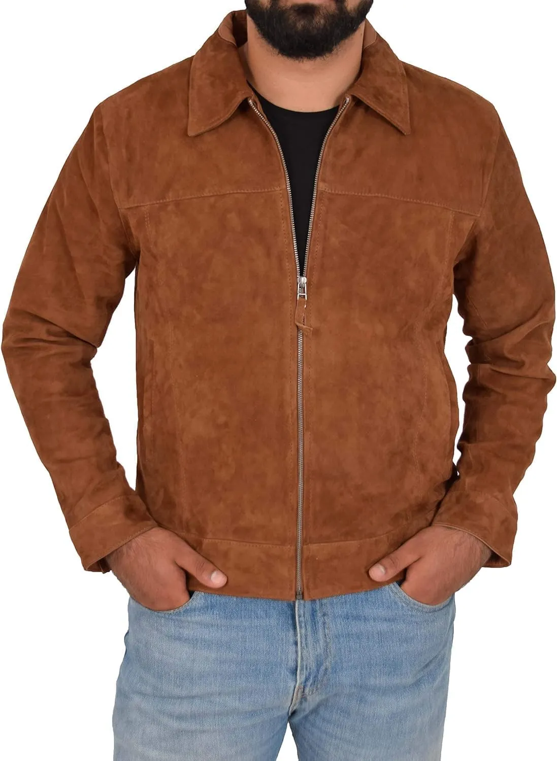 HIDE & SEEK Men’s Classic Shirt Collar Design Timeless Elegance Style Suede Leather Jacket