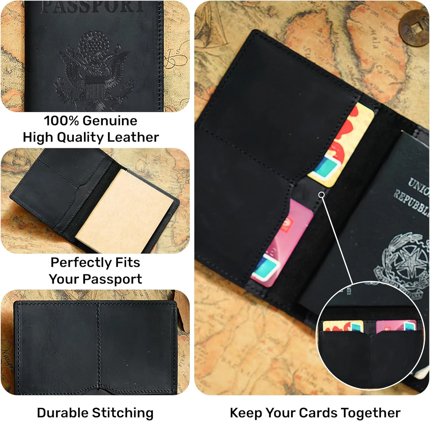 HIFA Leather Passport Holder, Handmade Passport Cover with Card and Ticket Slot - Genuine Leather, Elegant Design, Easy Access - Passport Case, Passport Wallet, Passport Holder