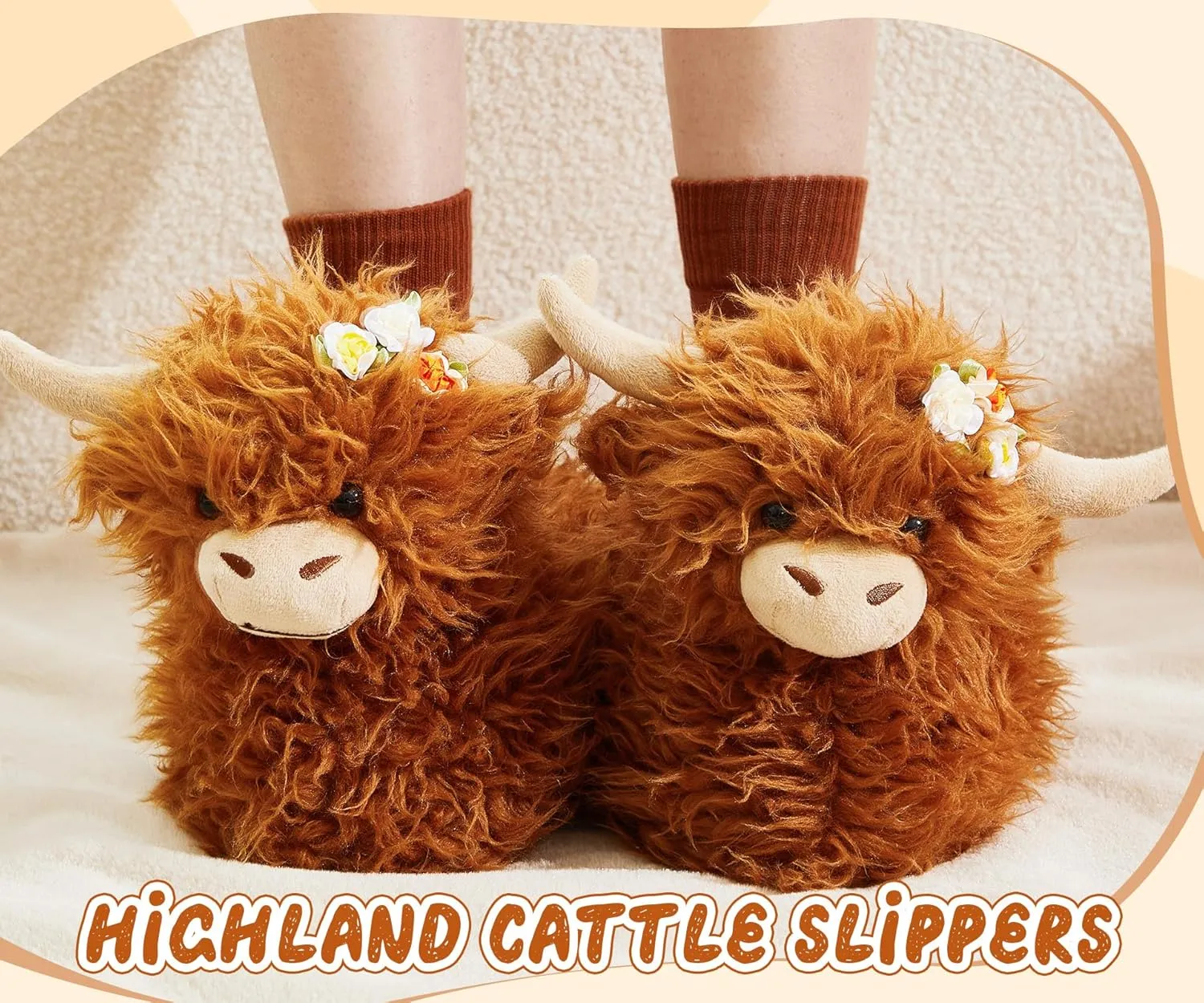 Highland Cow Slippers for Women Men Plush Animal Slippers with Cotton Scottish Socks