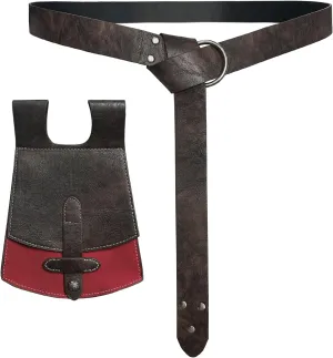 HiiFeuer Medieval Faux Leather Handmade Belt Bag with O Ring Belt, Vintage Knight Belt and Portable Renaissance Belt Pouch Set (Brown A)