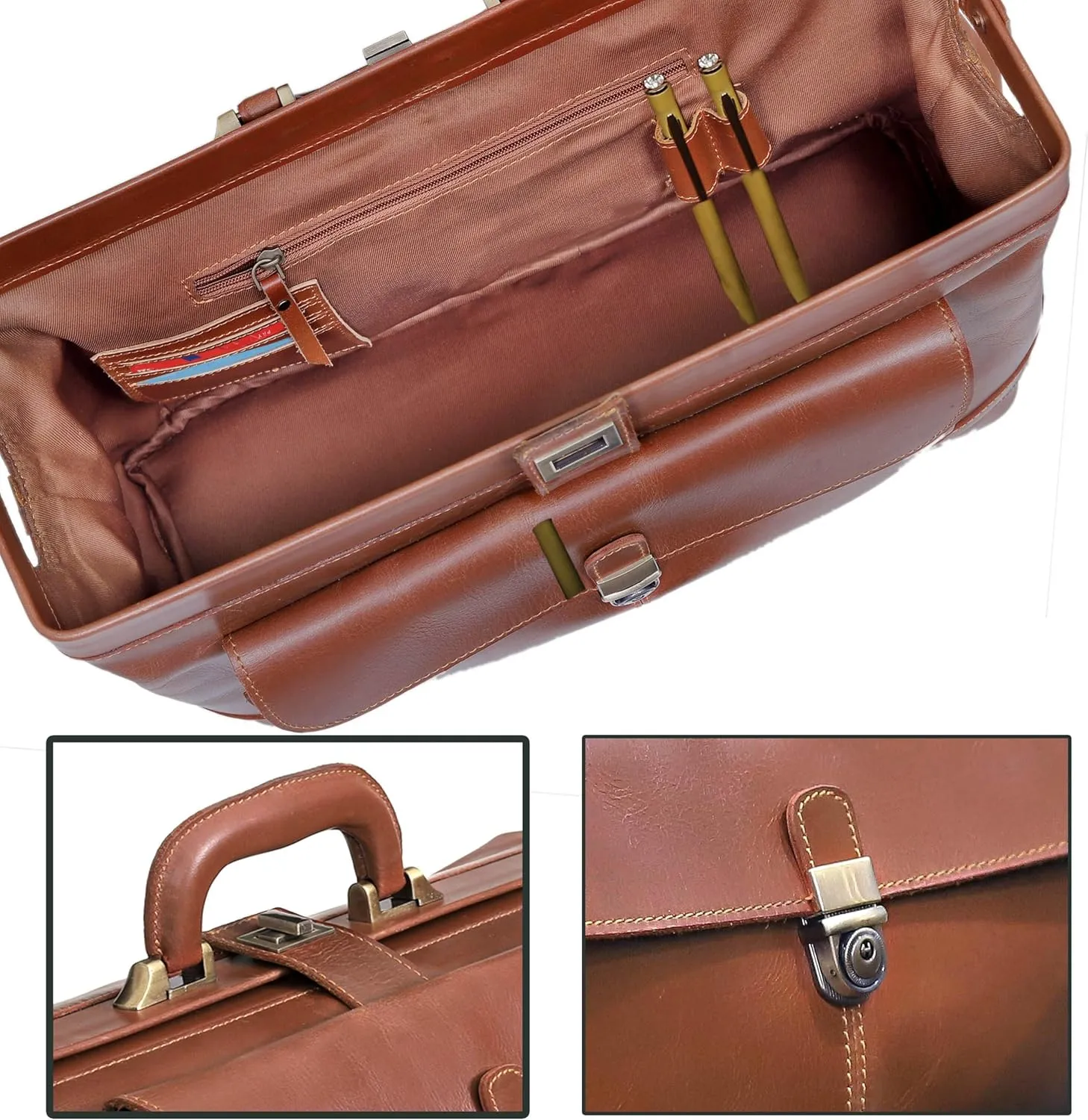HLC Vintage Leather Briefcase Doctor Bag - Real Leather Briefcase - Style Handbag - Italian Handmade Medical Bag