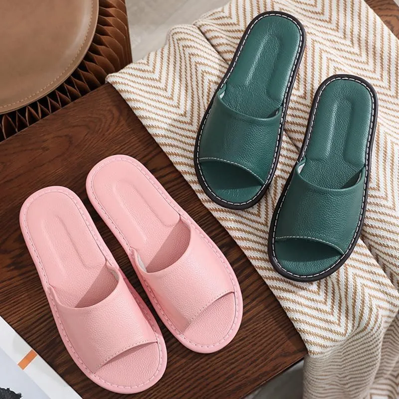 Home Men and Women Indoor Leather Slippers Leisure Non-slip Head Layer Cowhide Slippers