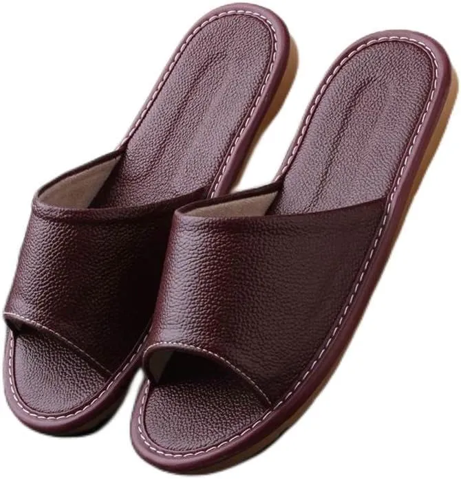 Home Men and Women Indoor Leather Slippers Leisure Non-slip Head Layer Cowhide Slippers
