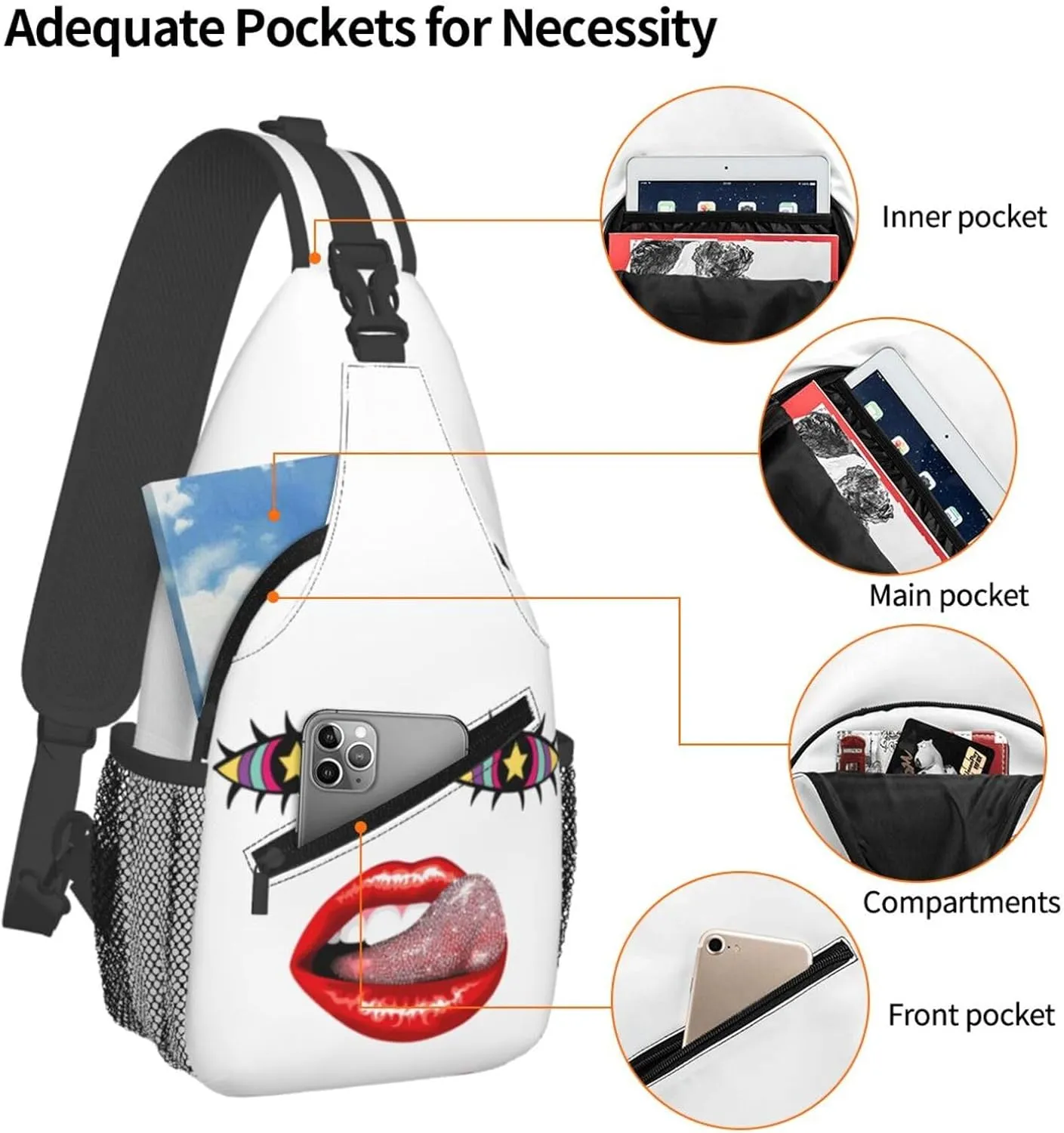 Hot Red Lips Stick Out Tongue Crossbody Bag Cross Chest Bag Adjustable Sling Backpack Sports Gym Shoulder Bags Travel Cycling Daypack Diagonally Casual Rucksack