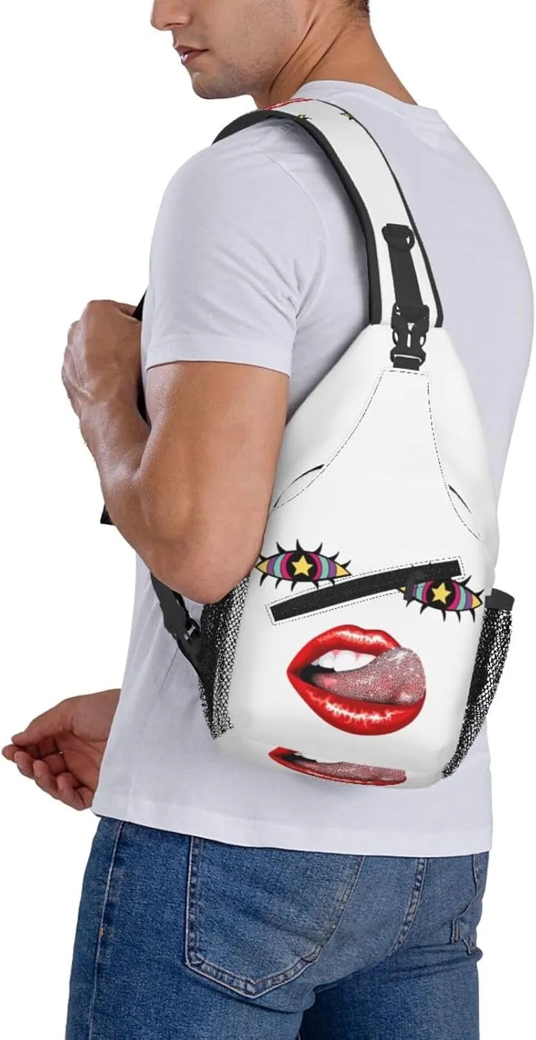 Hot Red Lips Stick Out Tongue Crossbody Bag Cross Chest Bag Adjustable Sling Backpack Sports Gym Shoulder Bags Travel Cycling Daypack Diagonally Casual Rucksack