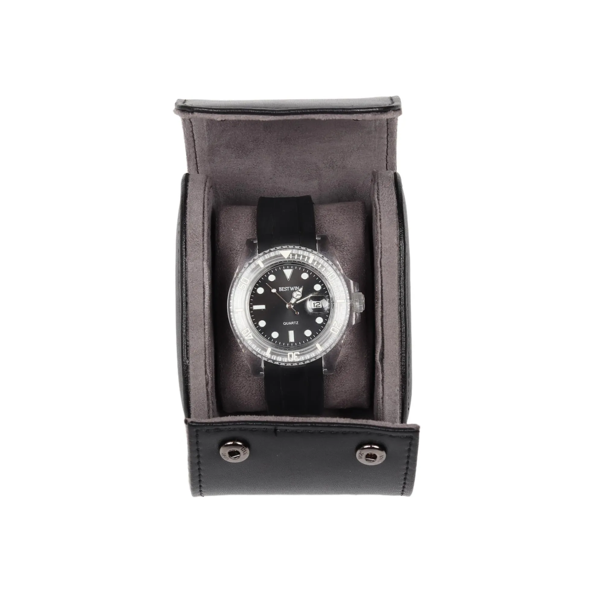 HQ Single Watch Genuine Leather Travel Case/Roll - Premium Black