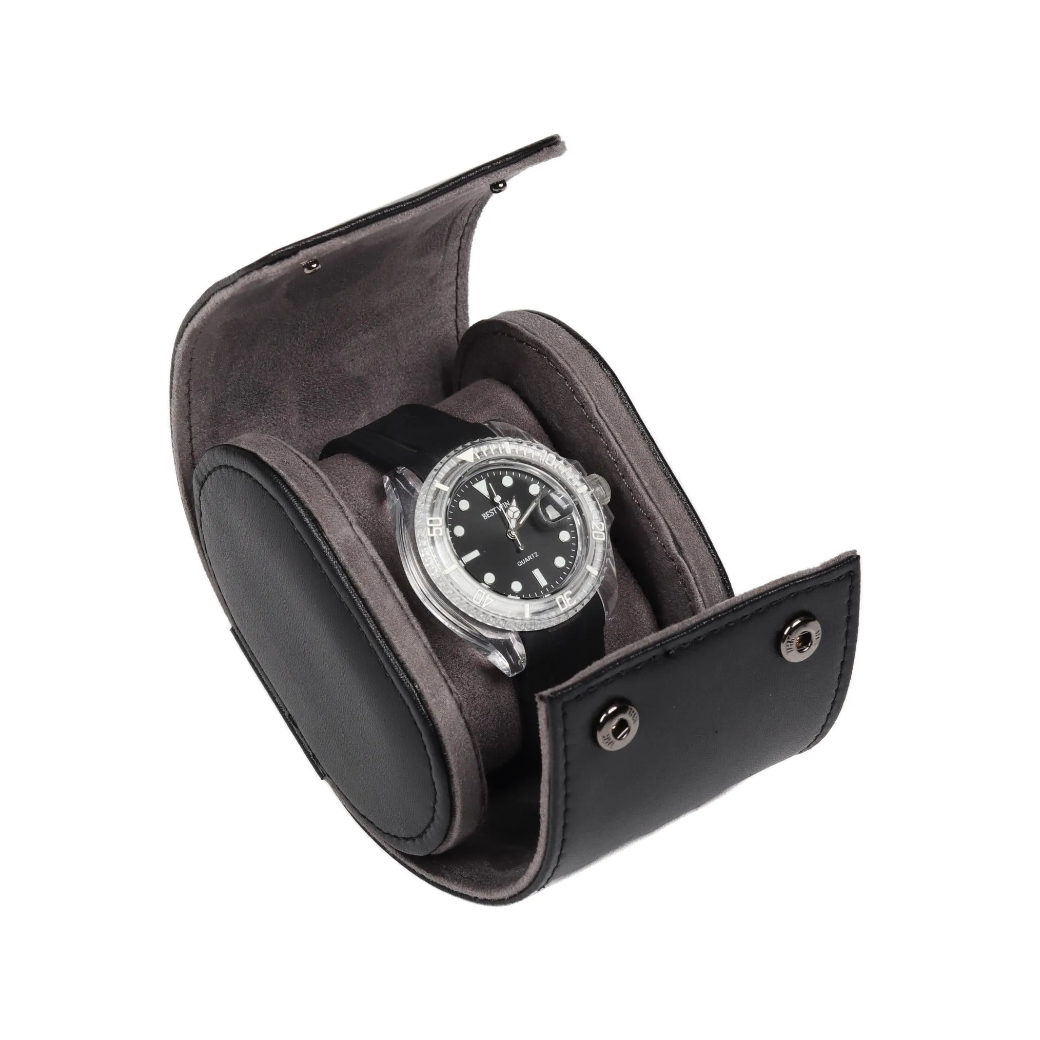 HQ Single Watch Genuine Leather Travel Case/Roll - Premium Black