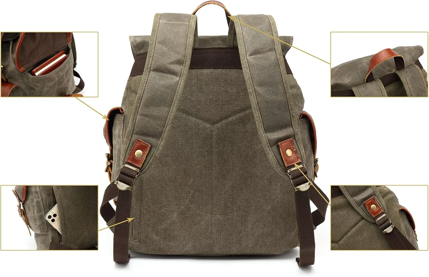 HuaChen Vintage Waxed Canvas Leather Backpack for Men, Military Tactical Army Camping Rucksack for Travel