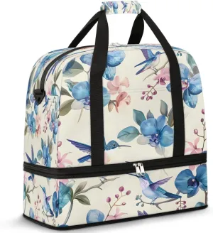 Hummingbird Flower Blue Floral Foldable Travel Duffel Bag Overnight Weekender Bags with Shoes Compartment Sports Gym Bags for Men Women