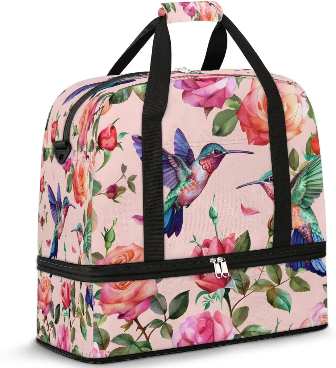 Hummingbird Flower Plant Leaves Bird Foldable Travel Duffel Bag Overnight Weekender Bags with Shoes Compartment Sports Gym Bags for Men Women