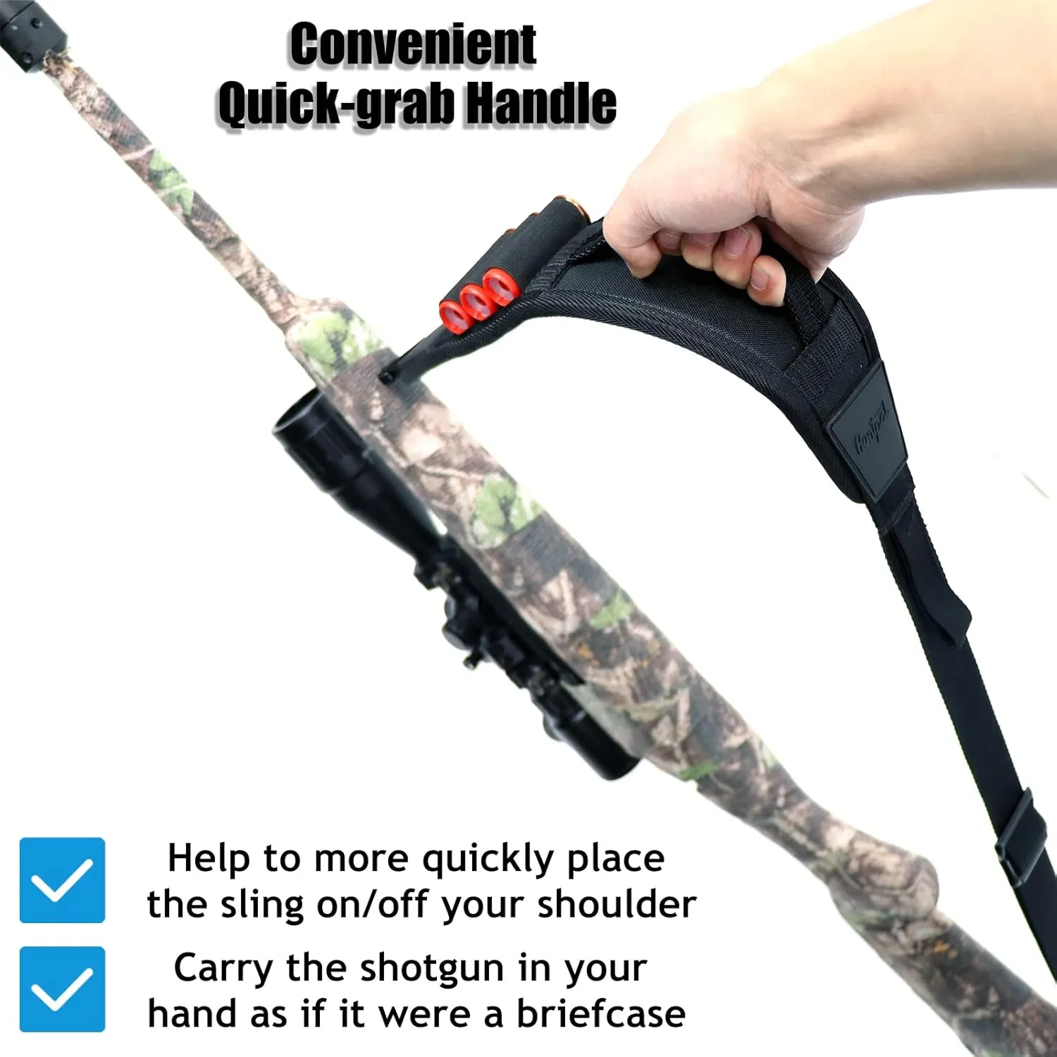 HUNTPAL 2 Point Gun Sling Shotgun Sling with Quick-Grab Handle and 3 Built-in Elastic Shell Holders, Neoprene Padding Rifle Strap with Metal Swivels, Thumb Loop and 1.25" Wide Anti-Slip Nylon Webbing