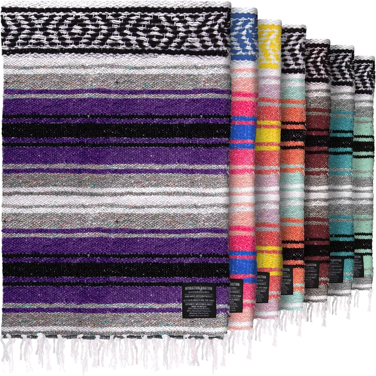 Hydration Nation Authentic Extra Large Mexican Blanket (70"x50") - Handwoven Yoga, Serape - Artisanal Falsa, Beach, Camping, Picnic, Outdoor (Purple)