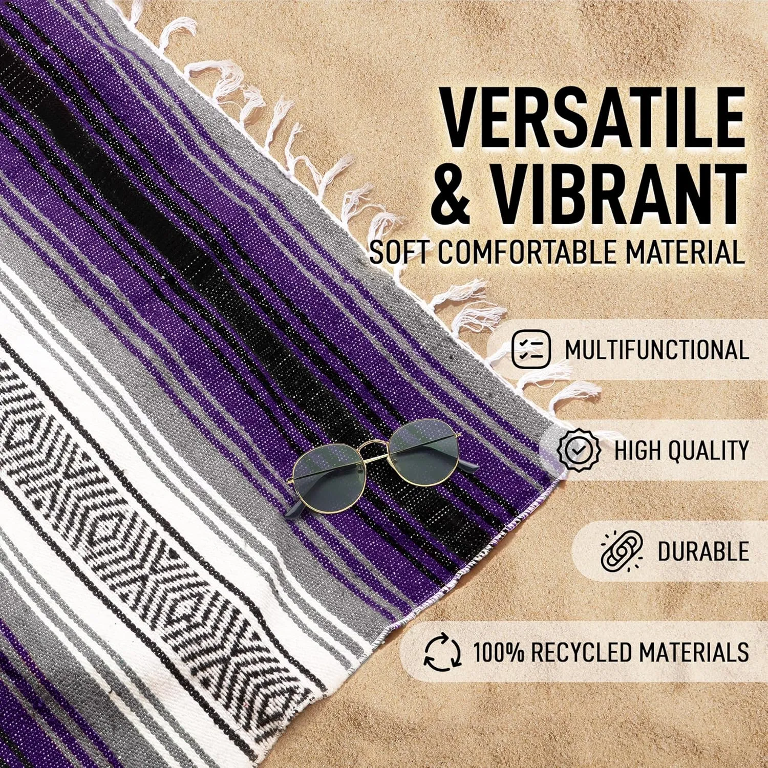 Hydration Nation Authentic Extra Large Mexican Blanket (70"x50") - Handwoven Yoga, Serape - Artisanal Falsa, Beach, Camping, Picnic, Outdoor (Purple)