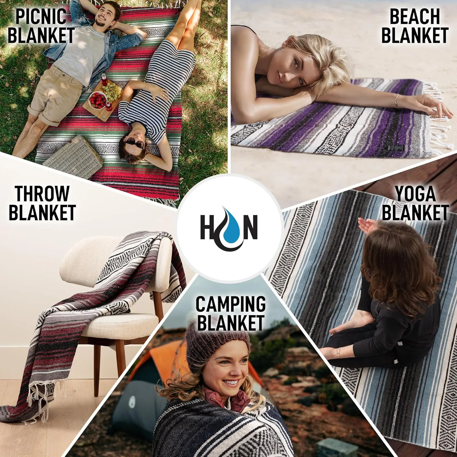 Hydration Nation Authentic Extra Large Mexican Blanket (70"x50") - Handwoven Yoga, Serape - Artisanal Falsa, Beach, Camping, Picnic, Outdoor (Purple)