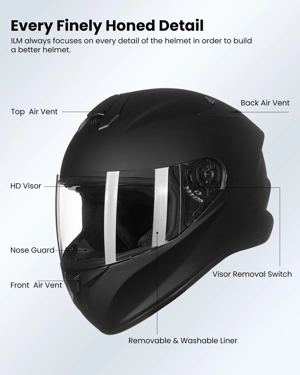 ILM Full Face Motorcycle Street Bike Helmet with Enlarged Air Vents, Free Replacement Visor for Men Women DOT Approved Model ST-06 (Matte Black, Small)