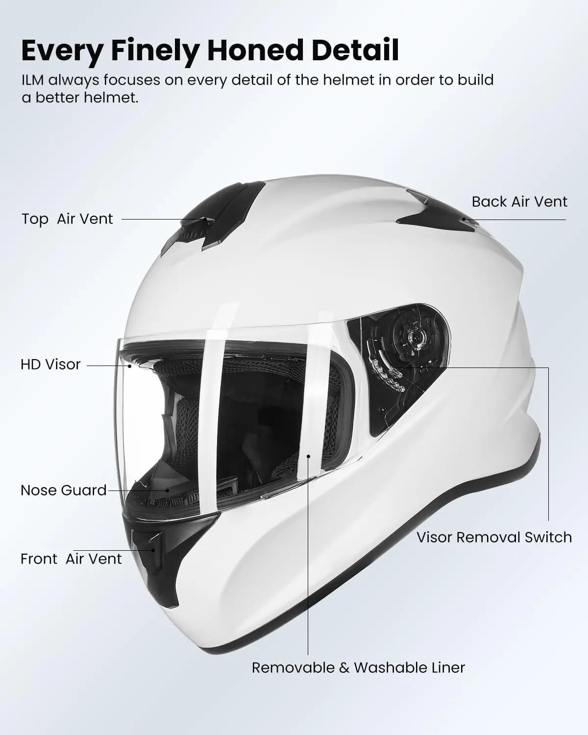 ILM Full Face Motorcycle Street Bike Helmet with Enlarged Air Vents, Free Replacement Visor for Men Women DOT Approved Model ST-06 (White, Large)
