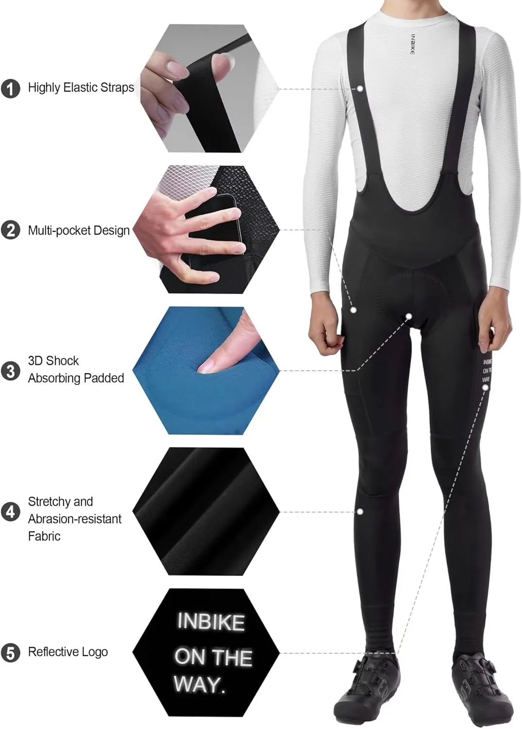 INBIKE 3D Padded Cycling Bib Pants for Men, Breathable Quick Dry Bike Tights, Lightweight Elastic Bike Pants with 4 Pockets