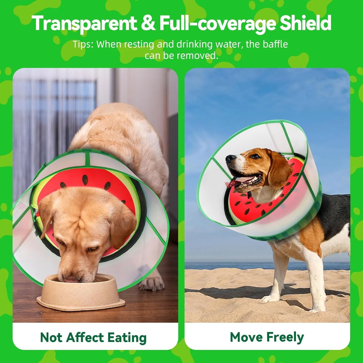 Inflatable Dog Cone Collar with Transparent Anti-Licking Shield, Soft Adjustable Elizabethan Collar for Medium Large Dogs, 2-in-1 Design with Detachable Design and Comfortable Padding (M, Watermelon)