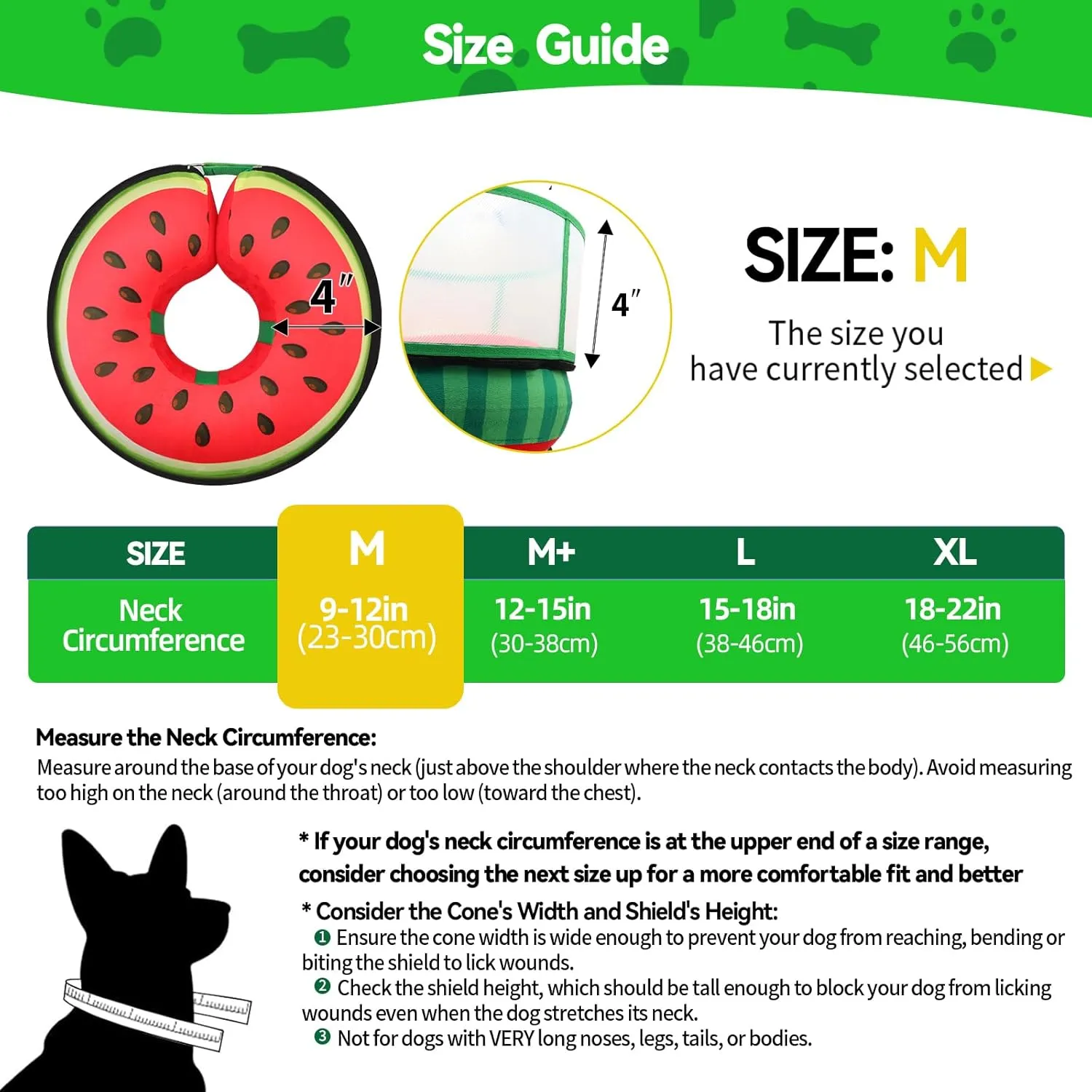 Inflatable Dog Cone Collar with Transparent Anti-Licking Shield, Soft Adjustable Elizabethan Collar for Medium Large Dogs, 2-in-1 Design with Detachable Design and Comfortable Padding (M, Watermelon)