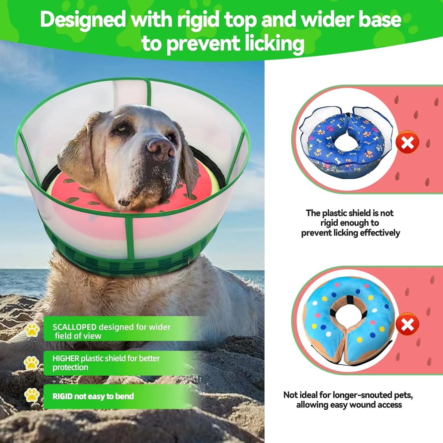 Inflatable Dog Cone Collar with Transparent Anti-Licking Shield, Soft Adjustable Elizabethan Collar for Medium Large Dogs, 2-in-1 Design with Detachable Design and Comfortable Padding (M, Watermelon)