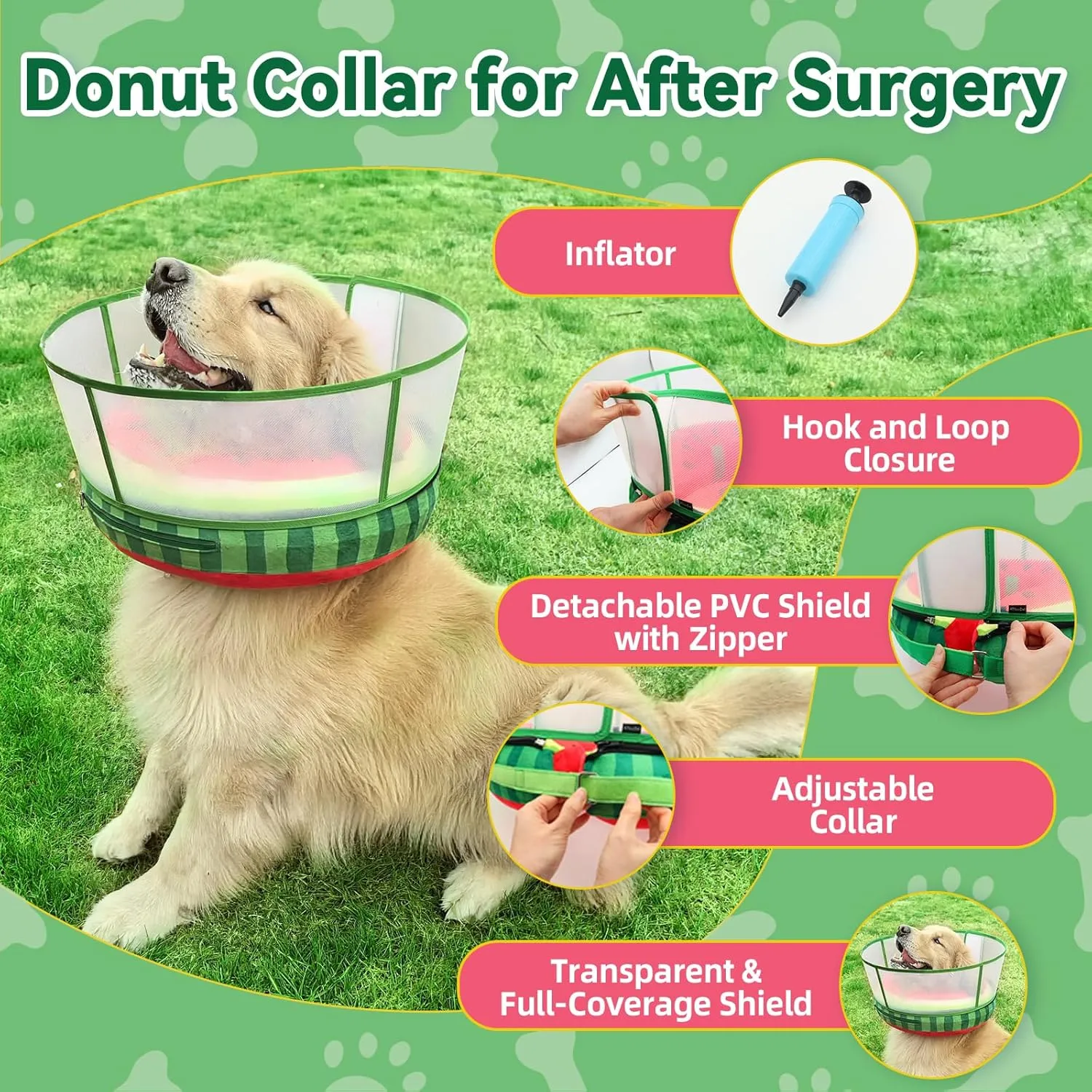 Inflatable Dog Cone Collar with Transparent Anti-Licking Shield, Soft Adjustable Elizabethan Collar for Medium Large Dogs, 2-in-1 Design with Detachable Design and Comfortable Padding (M, Watermelon)