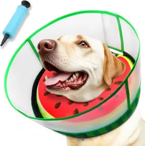 Inflatable Dog Cone Collar with Transparent Anti-Licking Shield, Soft Adjustable Elizabethan Collar for Medium Large Dogs, 2-in-1 Design with Detachable Design and Comfortable Padding (M, Watermelon)