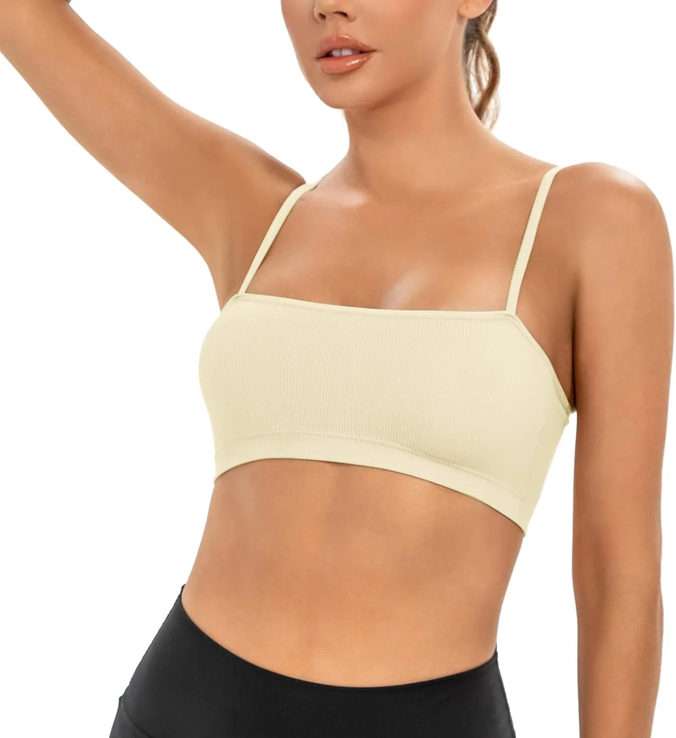 INIBUD Sports Bras for Women Bandeau Padded Ribbed Bralette Adjustable Strap Workout Square Neck Seamless Crop Top Backless
