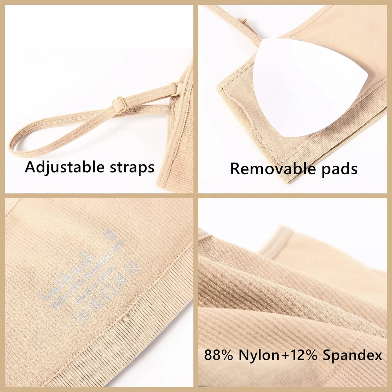 INIBUD Sports Bras for Women Bandeau Padded Ribbed Bralette Adjustable Strap Workout Square Neck Seamless Crop Top Backless