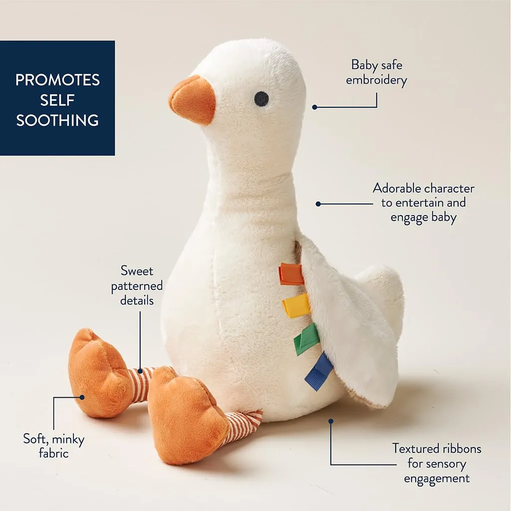 Itzy Ritzy Baby Plush Toy – Soft Stuffed Animal for Babies & Kids – Sensory Ribbons & Textured Fabrics for Tactile Play – Cozy & Cuddly Companion for Newborns & Up (Goose)
