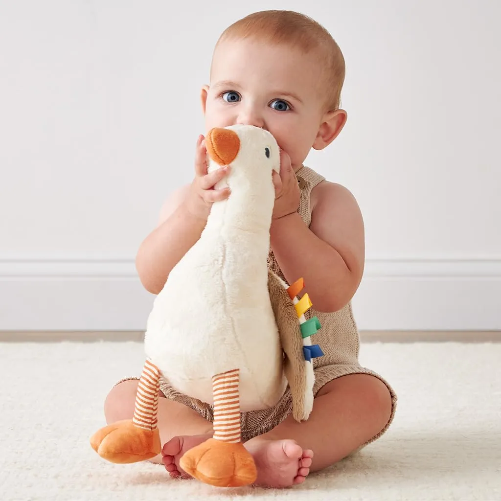 Itzy Ritzy Baby Plush Toy – Soft Stuffed Animal for Babies & Kids – Sensory Ribbons & Textured Fabrics for Tactile Play – Cozy & Cuddly Companion for Newborns & Up (Goose)