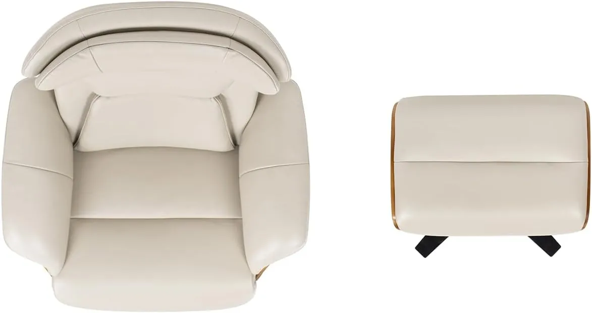 Jennifer Taylor Home Jovan 31.5" Mid-Century Modern Genuine Leather Recliner Lounge Chair & Ottoman Set, Pastel Beige Leather