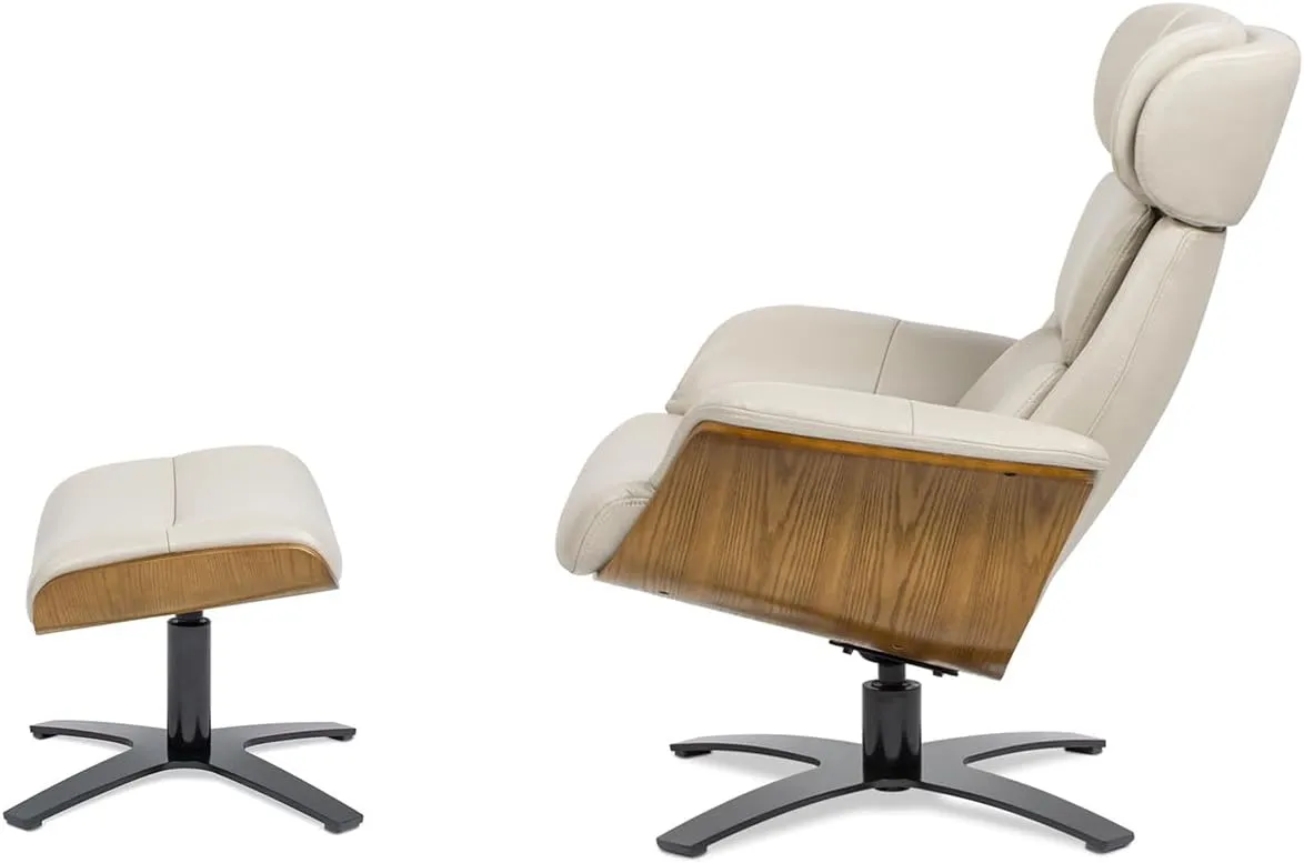 Jennifer Taylor Home Jovan 31.5" Mid-Century Modern Genuine Leather Recliner Lounge Chair & Ottoman Set, Pastel Beige Leather