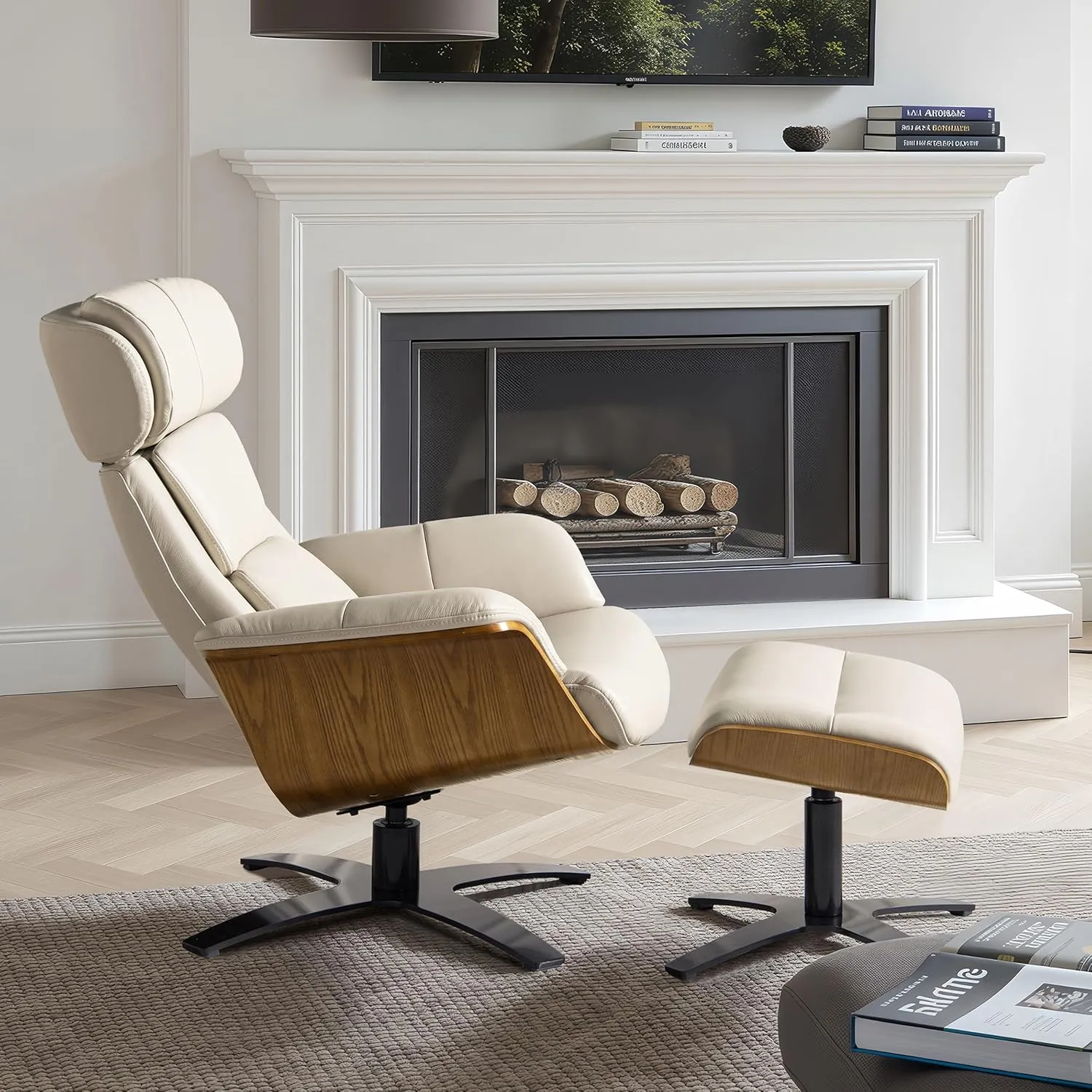 Jennifer Taylor Home Jovan 31.5" Mid-Century Modern Genuine Leather Recliner Lounge Chair & Ottoman Set, Pastel Beige Leather