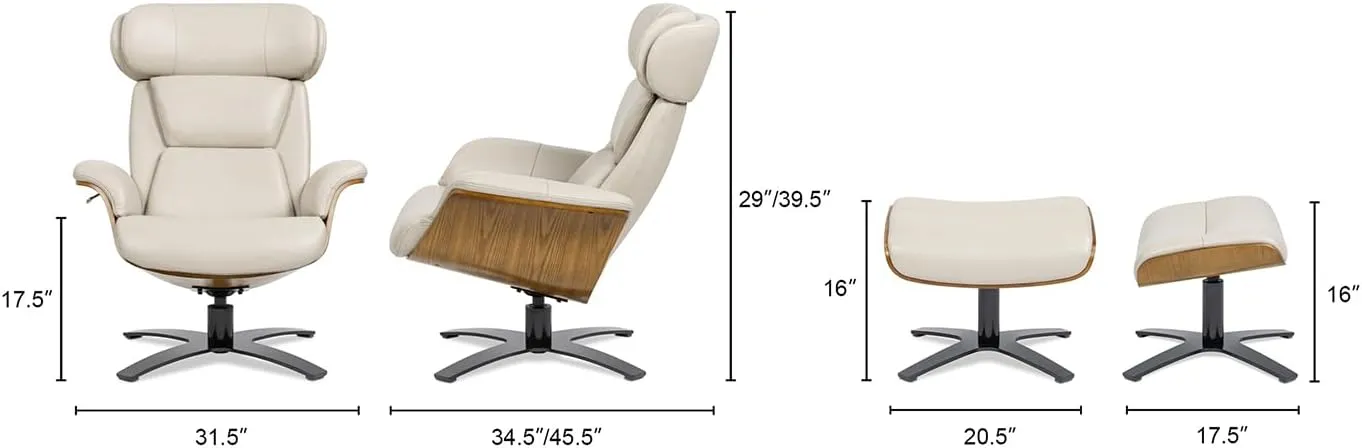 Jennifer Taylor Home Jovan 31.5" Mid-Century Modern Genuine Leather Recliner Lounge Chair & Ottoman Set, Pastel Beige Leather