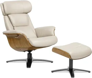 Jennifer Taylor Home Jovan 31.5" Mid-Century Modern Genuine Leather Recliner Lounge Chair & Ottoman Set, Pastel Beige Leather