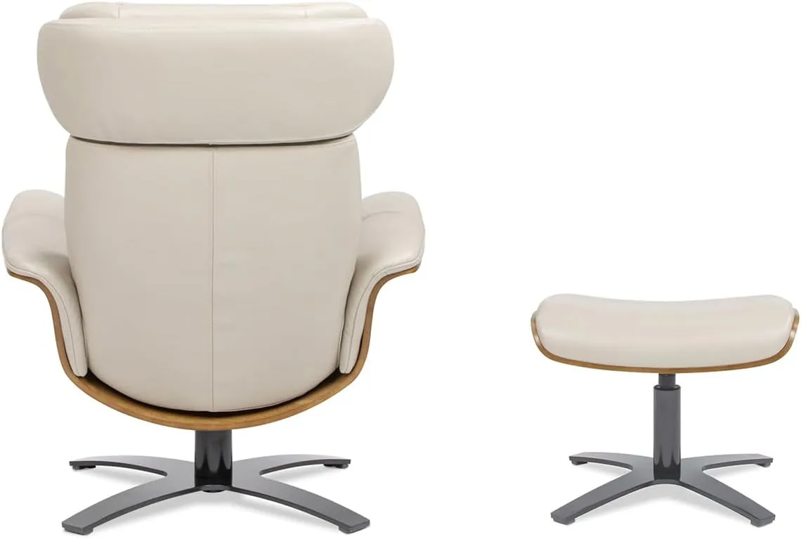 Jennifer Taylor Home Jovan 31.5" Mid-Century Modern Genuine Leather Recliner Lounge Chair & Ottoman Set, Pastel Beige Leather